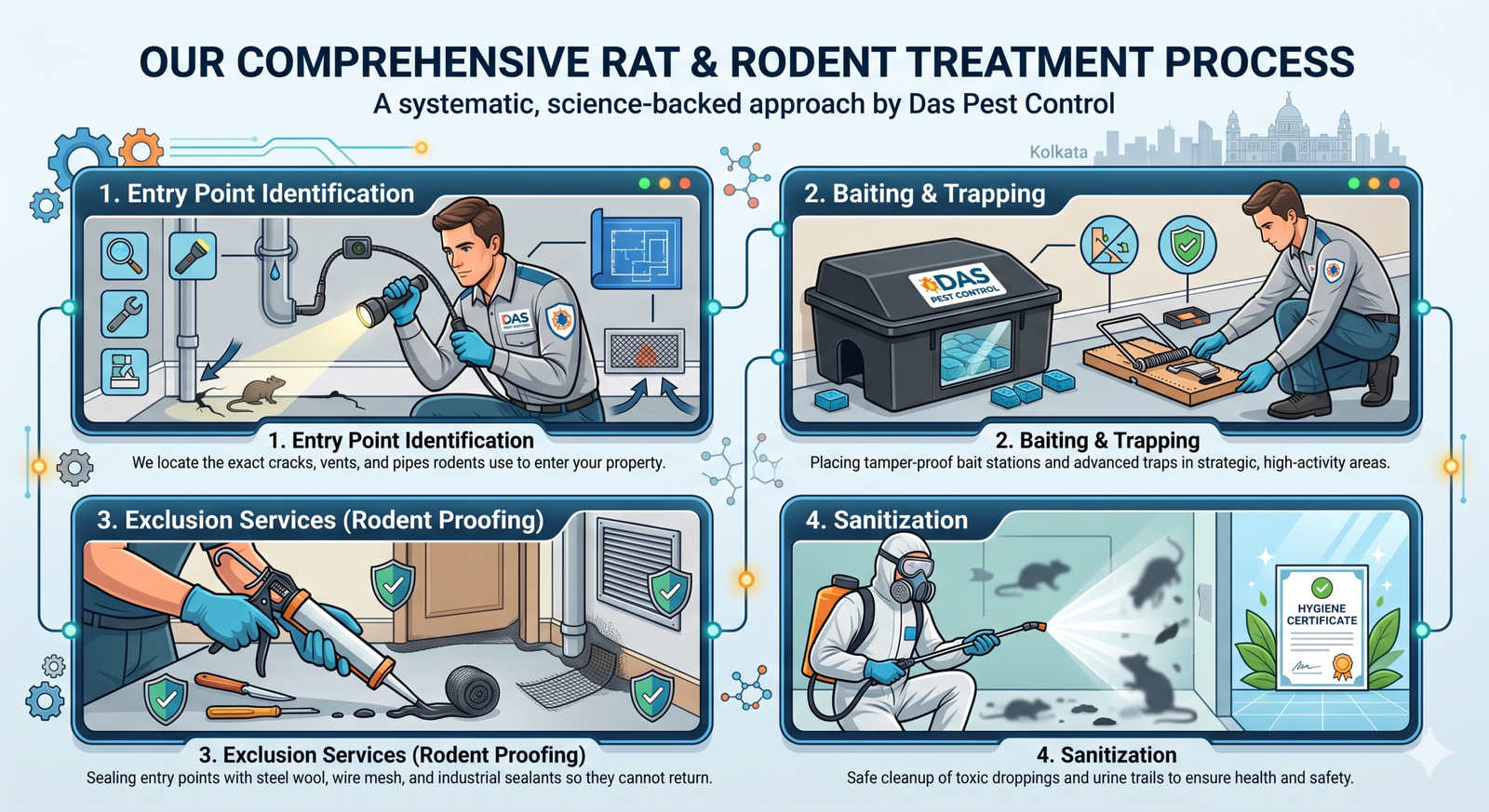A detailed four-step infographic illustrating Das Pest Control's comprehensive rat and rodent treatment process. It includes four horizontal panels linked by glowing lines and circuit patterns: 1. Entry Point Identification, showing a technician using a flashlight to find rodent entry paths like cracks and vents; 2. Baiting & Trapping, depicting a technician setting advanced traps and utilizing tamper-proof bait stations; 3. Exclusion Services (Rodent Proofing), illustrating the application of steel wool, wire mesh, and industrial sealants to seal entry points; and 4. Sanitization, showing a technician in protective gear spraying to safely clean areas and ensure a hygienic environment with a hygiene certificate. The overall style is clean digital illustration with a Kolkata skyline in the background, reinforcing professional, science-backed methods.